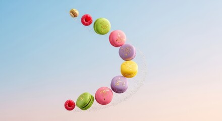 Pastel macarons, raspberries, hazelnut in curve with golden glitter