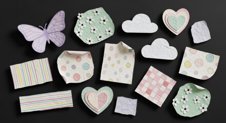 Pastel paper shapes and patterns arranged on dark background