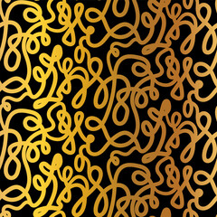 Gold seamless grunge pattern featuring abstract shapes, doodles, scribbles, geometric elements, waves, lines and organic textures