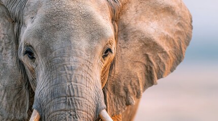 African elephant close-up portrait revealing intricate skin texture, showing a powerful gaze and impressive tusks, symbolizing wildlife conservation and natural beauty in a delicate ecosystem