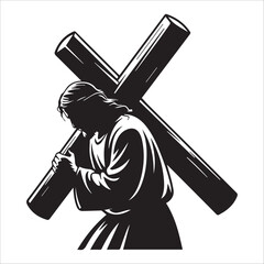 Biblical Meditation Silhouette Art: High-contrast stencil of Jesus Christ sitting in deep thought on a rock.