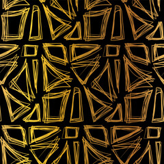 Gold colorful seamless grunge pattern featuring abstract shapes, doodles, scribbles, geometric elements, lines and organic textures