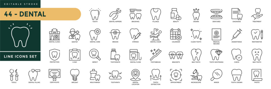 A collection of Dental icons set with editable stroke, including tooth, dentist, teeth, implant, dentistry, tooth paste, tooth brush, etc. Thin linear vector illustration.