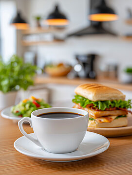 Breakfast plate includes a bacon sandwich with greens and a cup of black coffee, with another sandwich and kitchen elements in the background