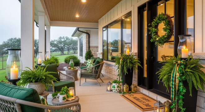 St. Patrick's Day front porch decor with wreath, potted flowers, shamrock cushions and cozy seating overlooking countryside.