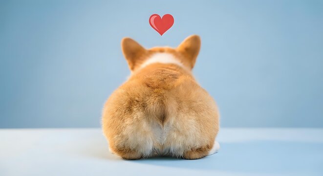 Adorable orange corgi puppy sitting with back turned showing fluffy bottom against blue background with red heart symbol above for pet love concept.