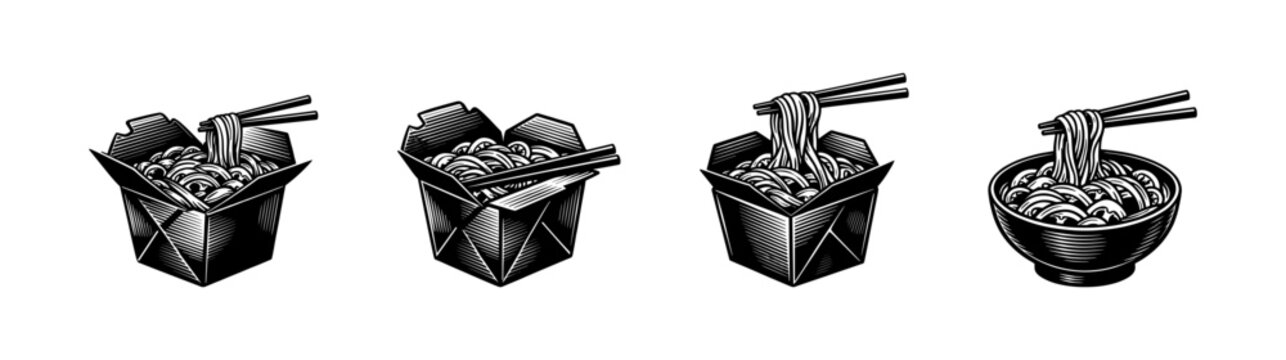Noodle packaging icons set. flat vector icons collection of asian food containers