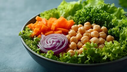 Fresh healthy salad bowl with chickpeas, carrots, red onion and leafy greens on dark surface for nutritious meal planning and clean eating lifestyle.