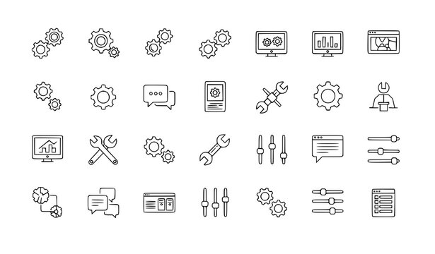 Technology configuration line icon set gears computer tools vector