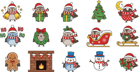 Fototapeta premium Large set of cute Christmas penguin characters and festive holiday icons including Santa hats gifts wreaths snowman and gingerbread man isolated on white background.