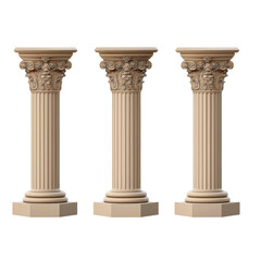 Obraz premium Three ancient Greek Corinthian columns isolated on a transparent background