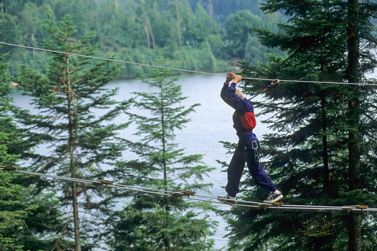 Tree climbing on the lakeshore of Pierre-Percee, Meurthe-et-Moselle department, Lorraine region, France, Europe