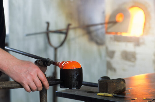 Manufacturing of handcrafted glassblowed Christmas baubles, International Centre of Glassworks Art, Meisenthal, Moselle department, Lorraine region, France, Europe