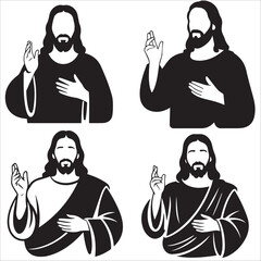 Jesus Christ Sitting and Meditating Silhouette Set: A collection of four black and white vector icons of Jesus in various seated poses for spiritual and religious use.