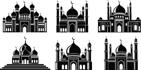 Set of black silhouette mosque icons and Islamic building illustrations with domes and minarets isolated on white background for Ramadan and Eid cultural design. © Maslima