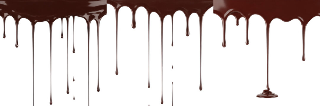 Melted Dark Chocolate Dripping Set, Realistic Liquid Cocoa Borders and Drops Isolated on Transparent PNG