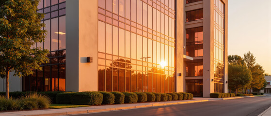 Fototapeta premium Modern office building exterior, glass facade, sunset reflection, urban street, green landscaping, peaceful atmosphere, contemporary architecture