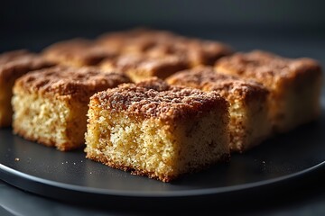 Golden cinnamon coffee cake squares with crumbly topping on dark plate, homemade baked dessert ready for breakfast or snack time.
