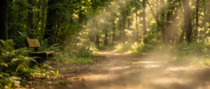 Sunlit forest path with golden light rays filtering through green trees creating magical atmosphere for nature and outdoor adventure concepts.