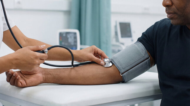 Female healthcare worker taking blood pressure on an adult male patient in a medical clinic, close-up with cropped faces