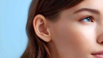 Fototapeta premium Detailed close up profile of a healthy young woman s ear and delicate facial features against a clean soft blue background emphasizing natural beauty and skin texture