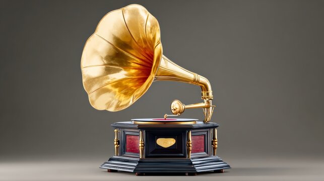 A gold record player sits on a table. The record player is a vintage model and is surrounded by a black base. The record player is the main focus of the image and it gives off a nostalgic