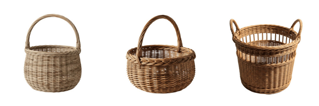 Empty Wicker Baskets Set, Realistic Natural Wood Weave Trays for Storage and Picnic Isolated on Transparent PNG