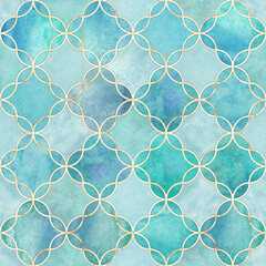Seamless Watercolor Geometric Tile Pattern &ndash; Turquoise Blue