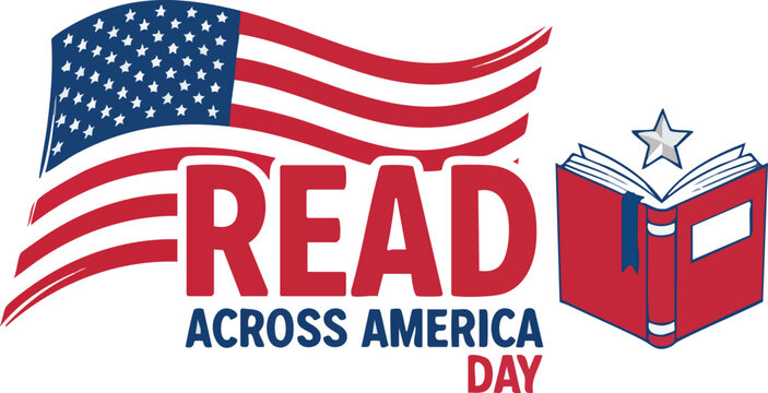 Read across america day celebration with american flag waving and open book icon