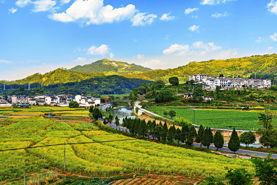 View of new buildings and farms beside Chengkan Ancient Village, Huangshan City, Anhui, China