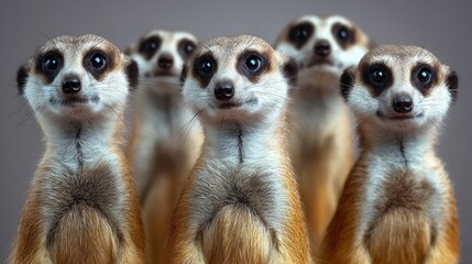 Fototapeta premium A group of five meerkats are standing together, all with their eyes closed. Concept of unity and camaraderie among the animals