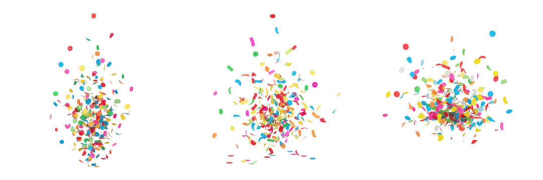 Colorful Confetti Explosions Set, Realistic Multi-Colored Paper Scraps Isolated on Transparent PNG