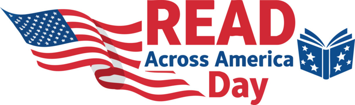 Read across america day graphic with waving american flag and open book icon