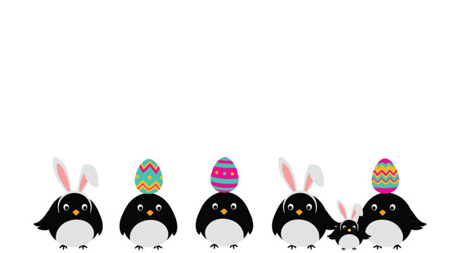 Row of five cute penguins dressed up for Easter with bunny ears and colorful patterned eggs balanced on their heads.