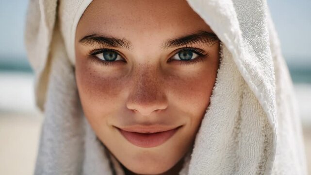 Close-up portrait of a young woman with freckles and blue eyes wrapped in a towel