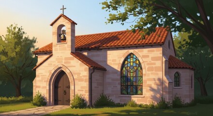 Picturesque stone church with bell tower and stained glass window