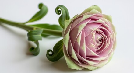 Pink and green flower with curled leaves on white background