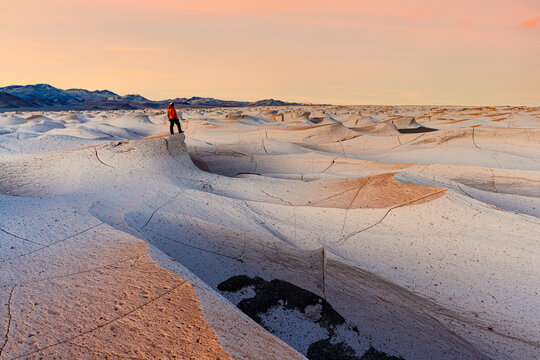 Man looking at volcanic landscape, Campo de Piedra Pomez, El Penon, Puna, Catamarca, Argentina