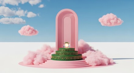 Pink arch, green pedestal, glowing orb, and clouds under blue sky