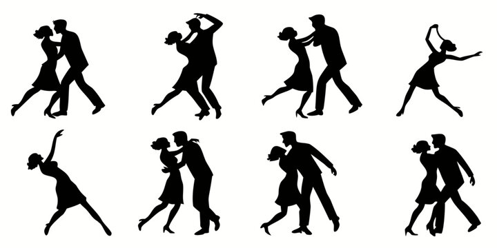 Silhouettes of couples dancing in various styles and poses. Vector