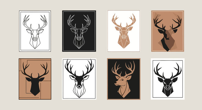 Collection of deer head illustrations in various colors and backgrounds