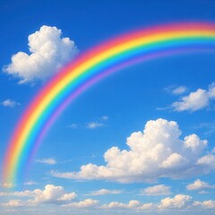Bright rainbow arch over blue sky with fluffy white clouds summer background
