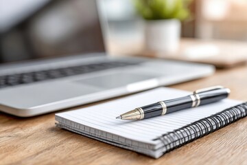 A close-up of a notepad, a pen, and a laptop on a wooden desk, perfect for working from home and brainstorming ideas, creating an ideal business workspace.