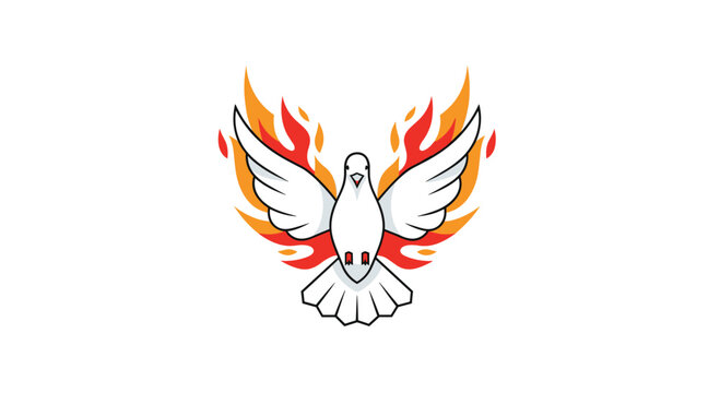A white dove with outstretched wings flies forward against a backdrop of vibrant red and orange flames on a white background.
