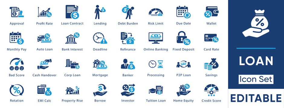 Loan and finance icon set. Vector collection including refinance, home equity, p2p loan, emi calc, debt burden, bad score and credit score symbols.