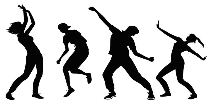 Silhouettes of people dancing in various dynamic poses against a white background Vector