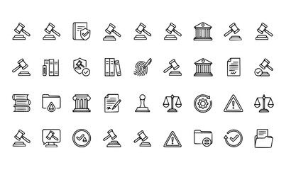 Court gavel line icon collection with legal process judiciary and law enforcement symbols vector set © BijoyChandra