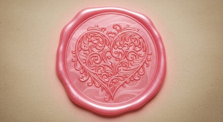 Pink wax seal with ornate heart design on light background
