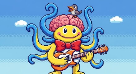 Pixel art octopus monster playing guitar with bird on head