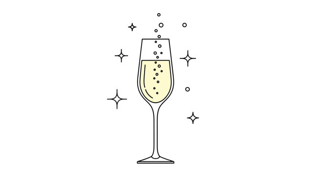 Simple line drawing of a sparkling champagne glass with bubbles and decorative stars for celebrations and events.